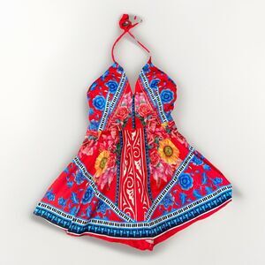 Chicways Red Floral Halter Dress Skort Size Small Built In Shorts